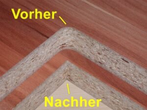 Da obere Teil zeigt die Innenecke vor der Ausklinkung. Die Rundung wird durch den rotierenden Fräser des CNC-Berabeitungszentrums erzeugt. Das untere Teile zeigt die Innenecke nach Bearbeitung mit dem manuellen Ausklinker MZ 02 90F A ohne CNC.